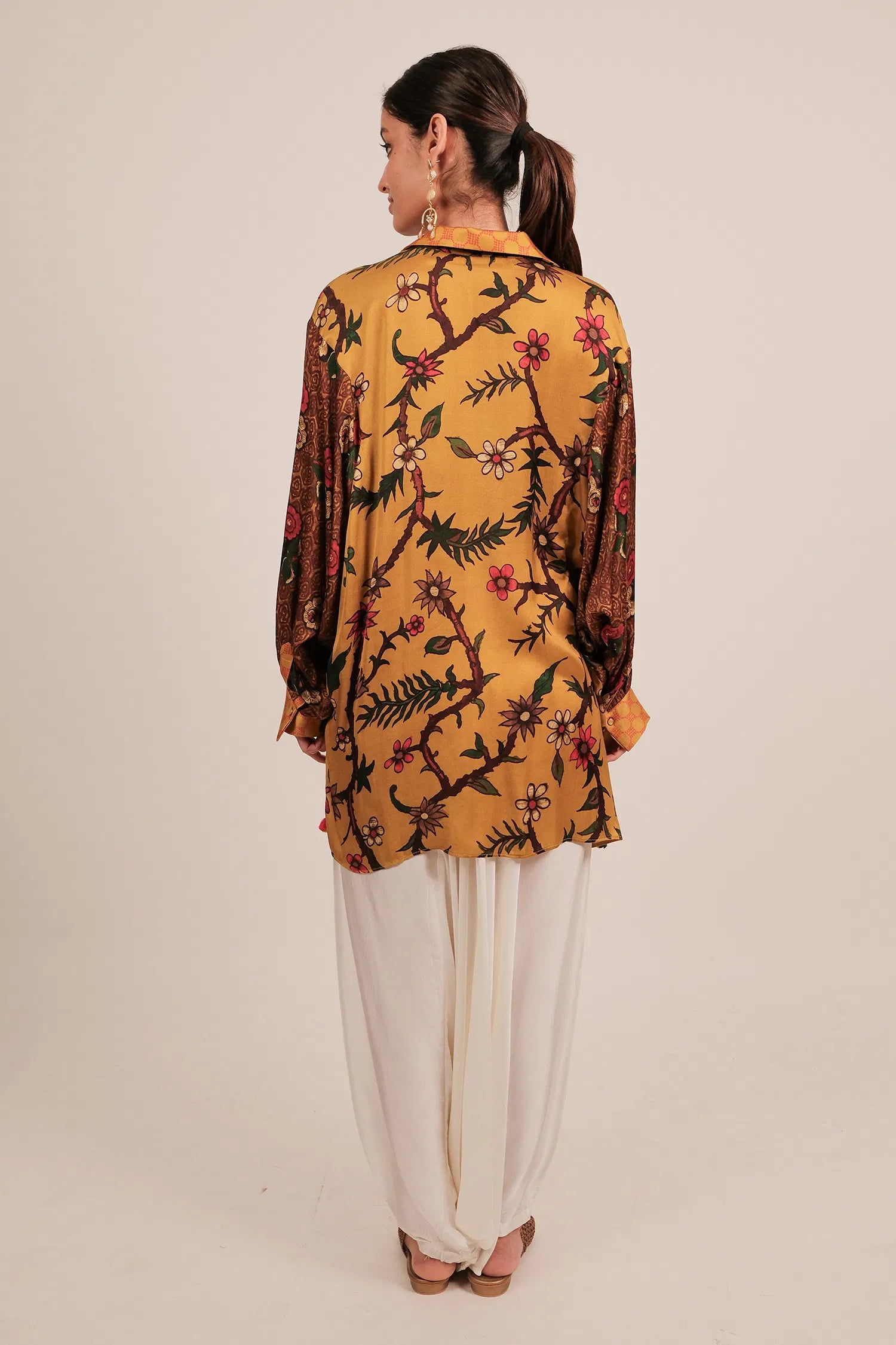Yellow Silk Floral Printed Shirt Style Top