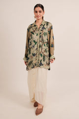Green Silk Floral Printed Shirt Style Top