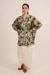Green Silk Floral Printed Shirt Style Top