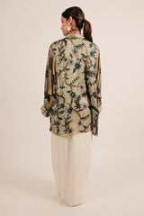Green Silk Floral Printed Shirt Style Top