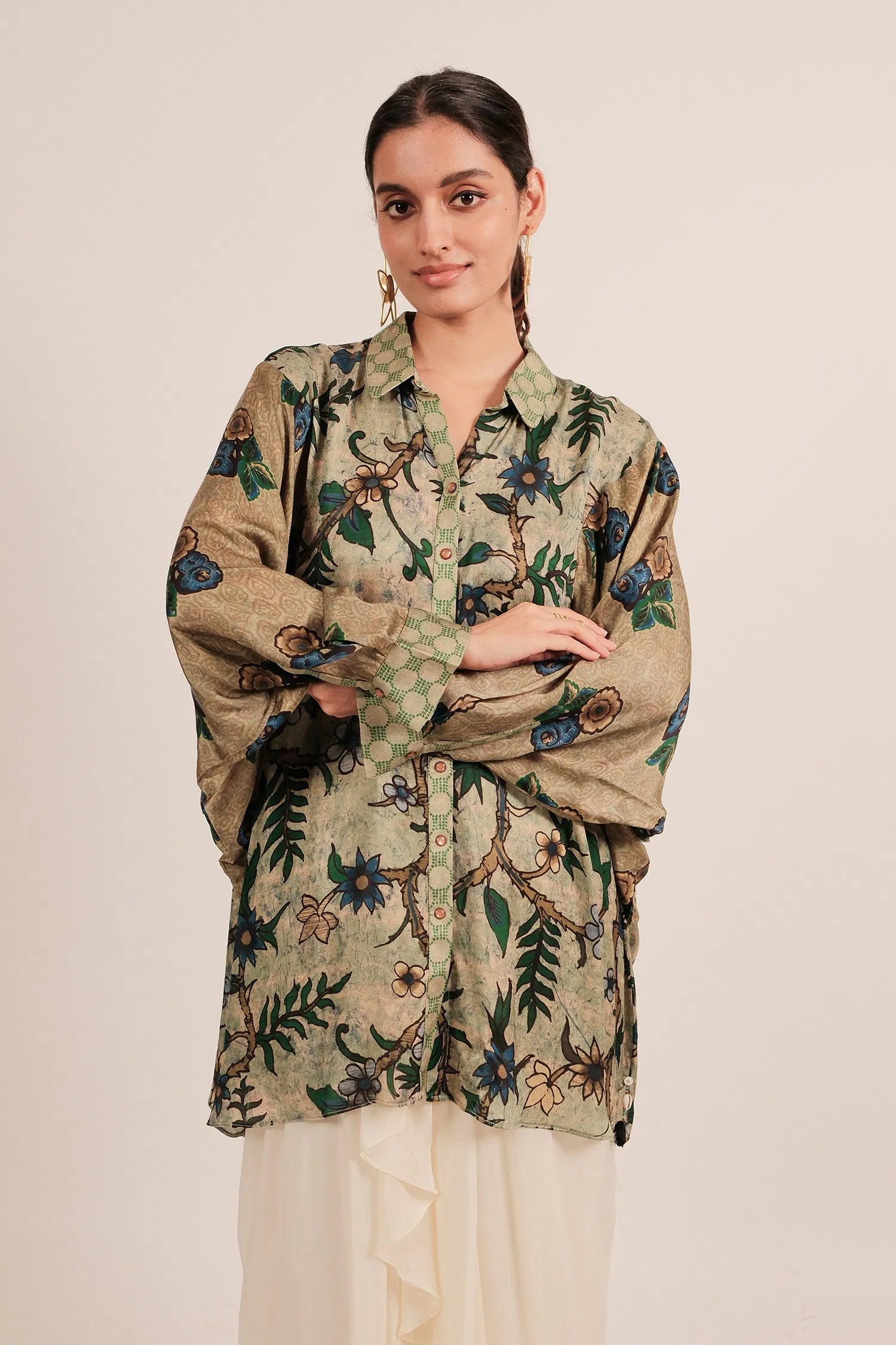 Green Silk Floral Printed Shirt Style Top