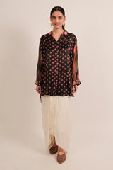 Black Silk Floral Printed High and Low Kaftan Style Top