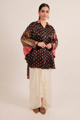 Black Silk Floral Printed High and Low Kaftan Style Top