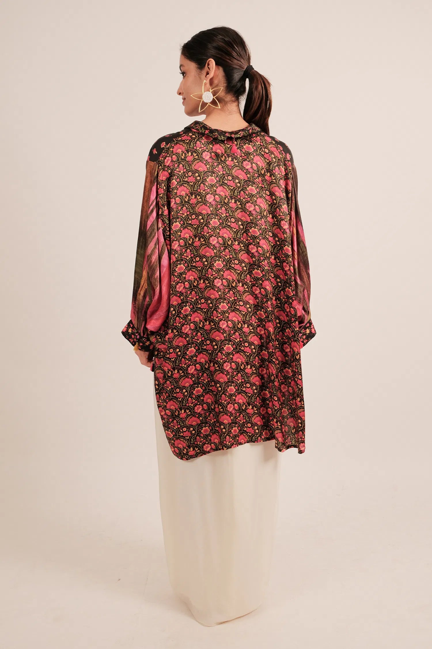 Black Silk Floral Printed High and Low Kaftan Style Top