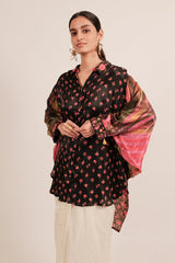 Black Silk Floral Printed High and Low Kaftan Style Top