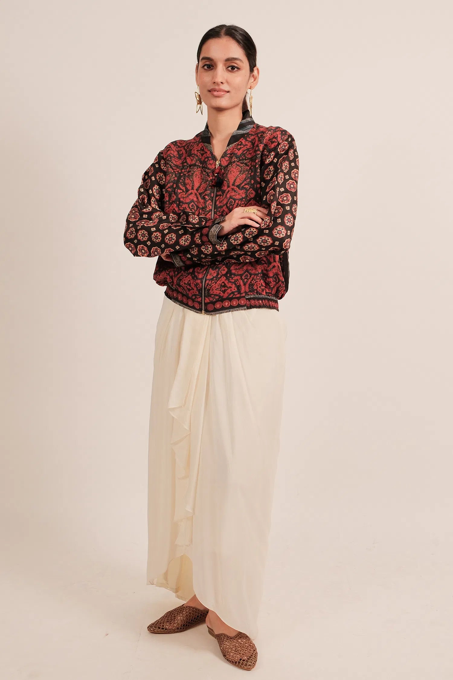 Black Silk Digital Printed Jacket Style Tunic Top