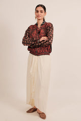 Black Silk Digital Printed Jacket Style Tunic Top