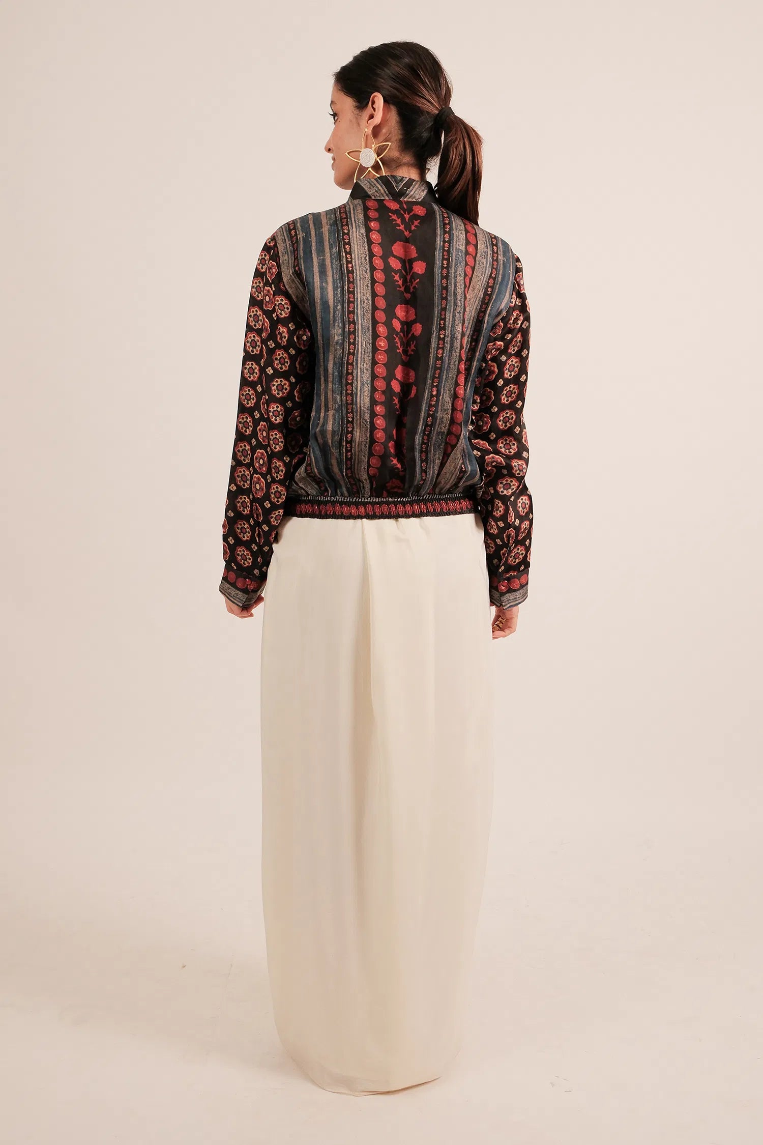 Black Silk Digital Printed Jacket Style Tunic Top