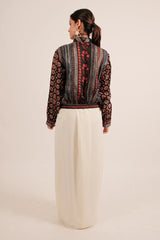 Black Silk Digital Printed Jacket Style Tunic Top