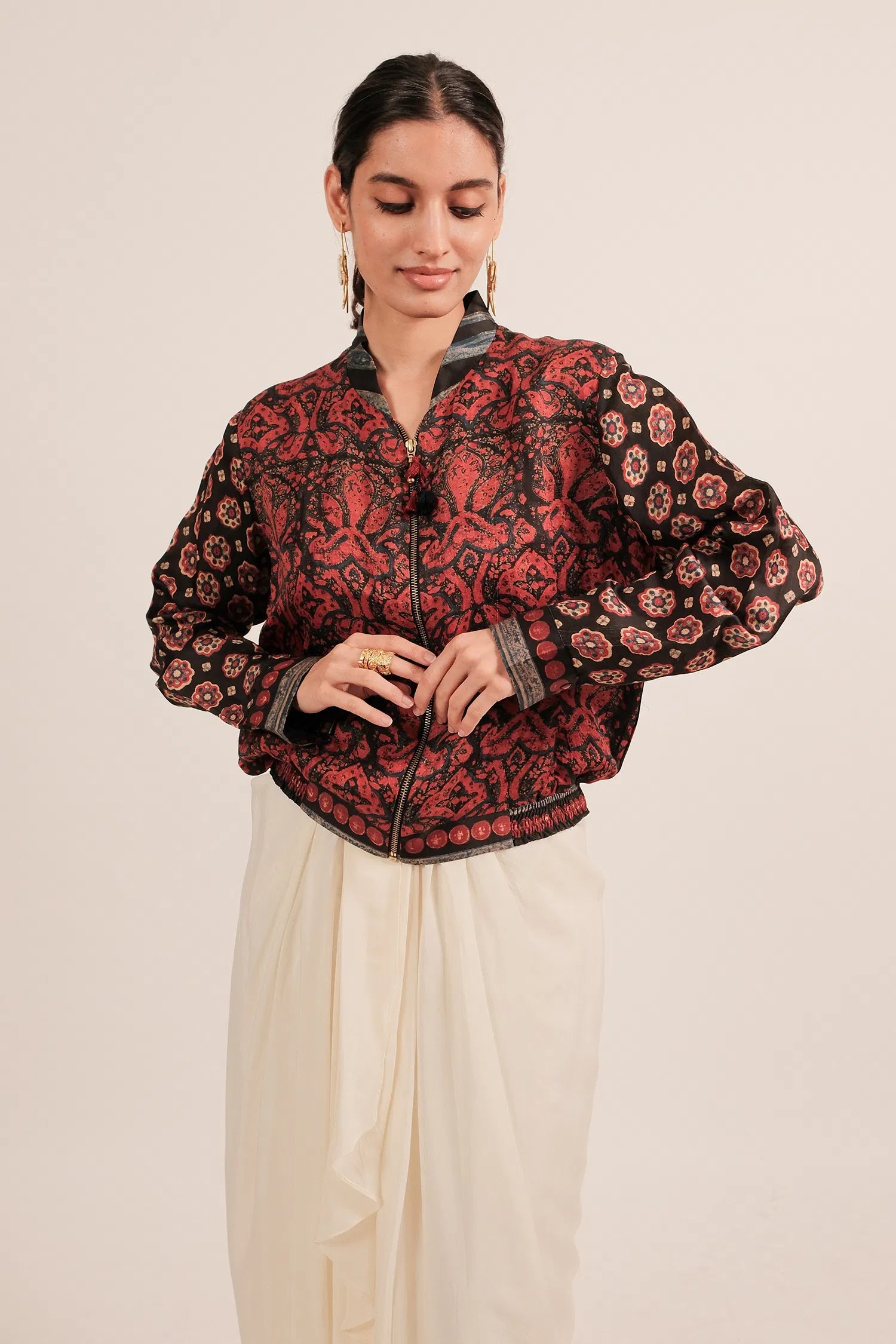 Black Silk Digital Printed Jacket Style Tunic Top