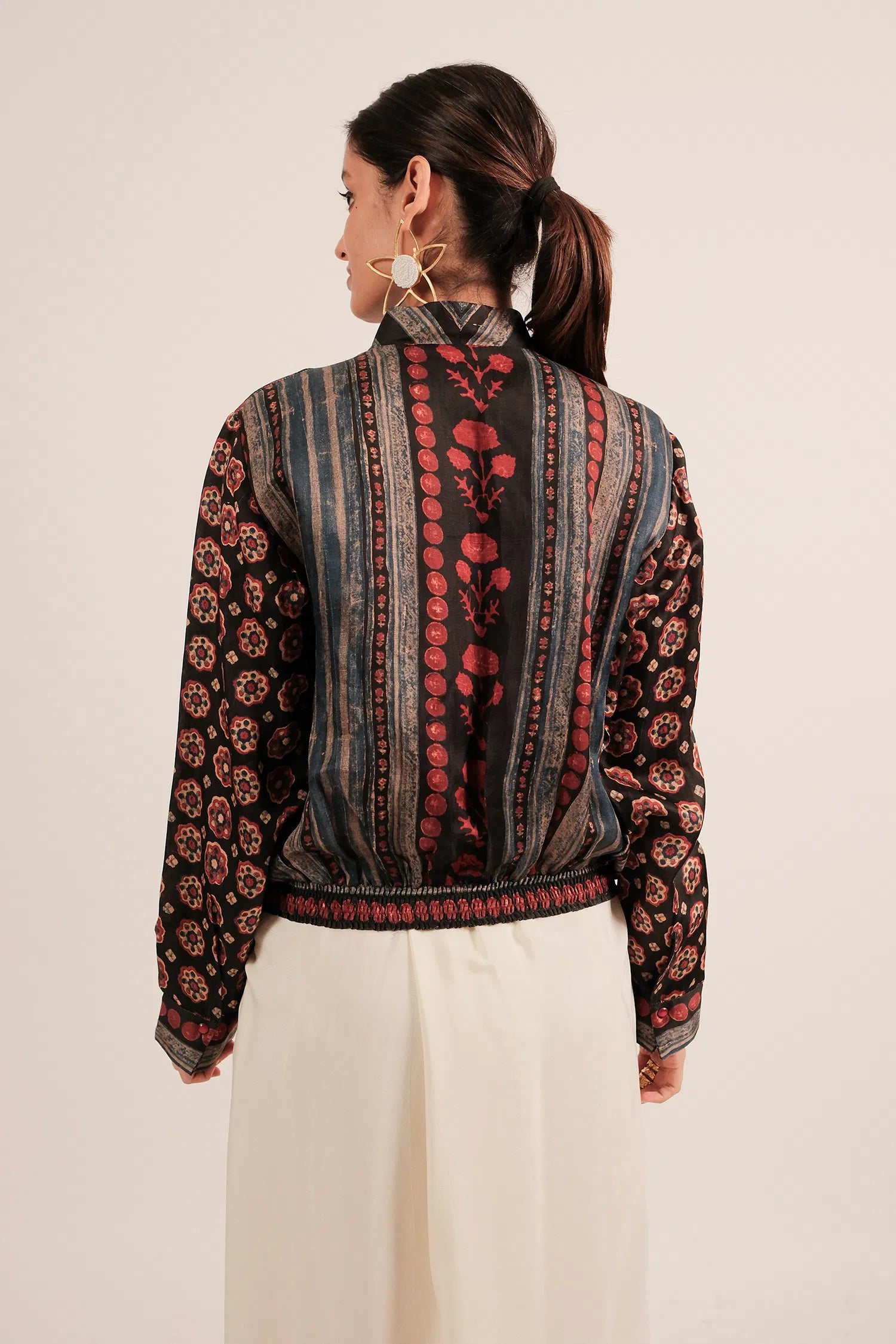 Black Silk Digital Printed Jacket Style Tunic Top