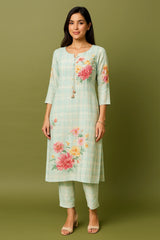 Light Blue Chanderi Silk Floral Printed Straight Cut Kurti Set