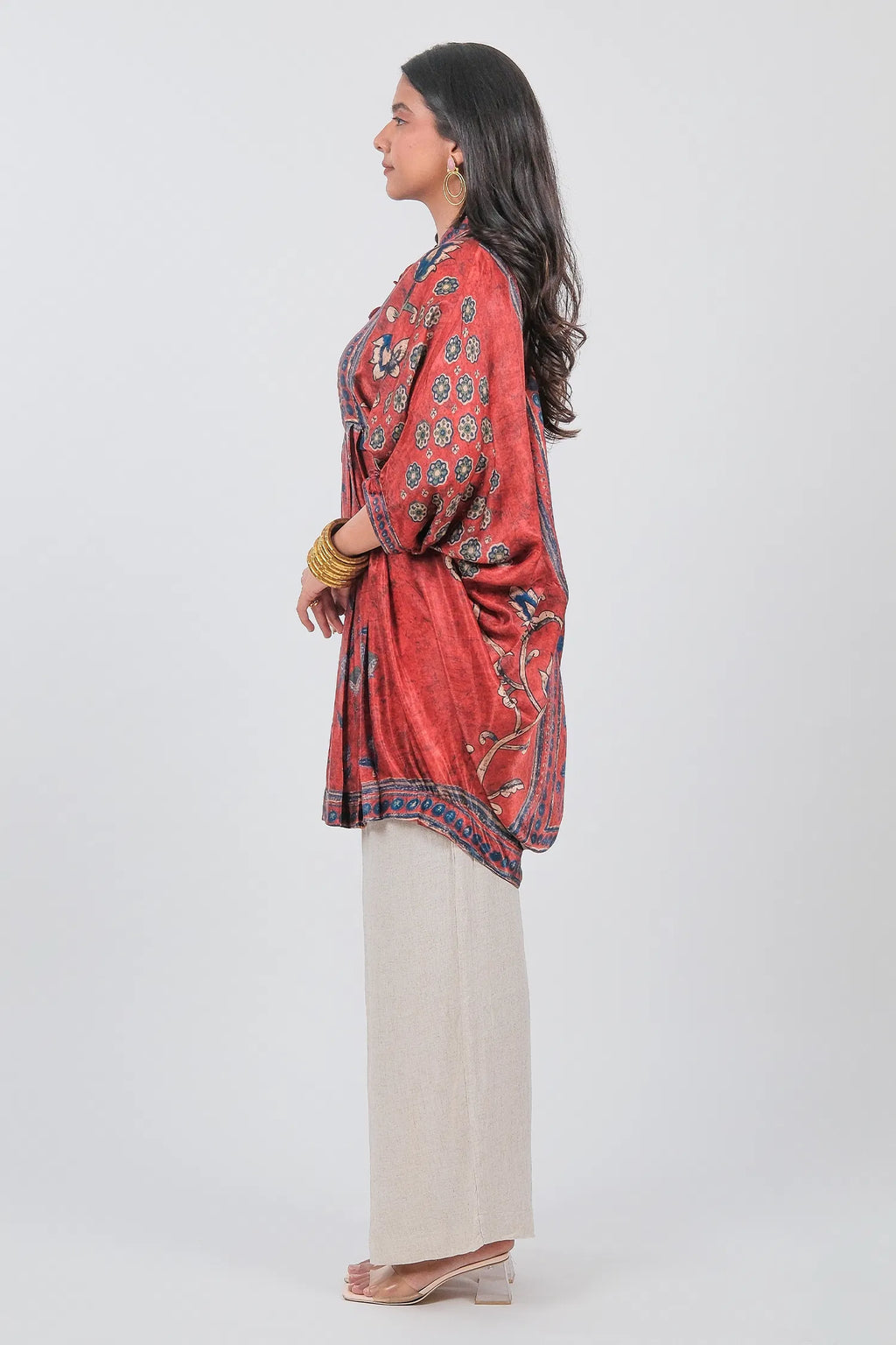 Red Crepe Silk Printed Kaftan Style Tunic - red silk saree