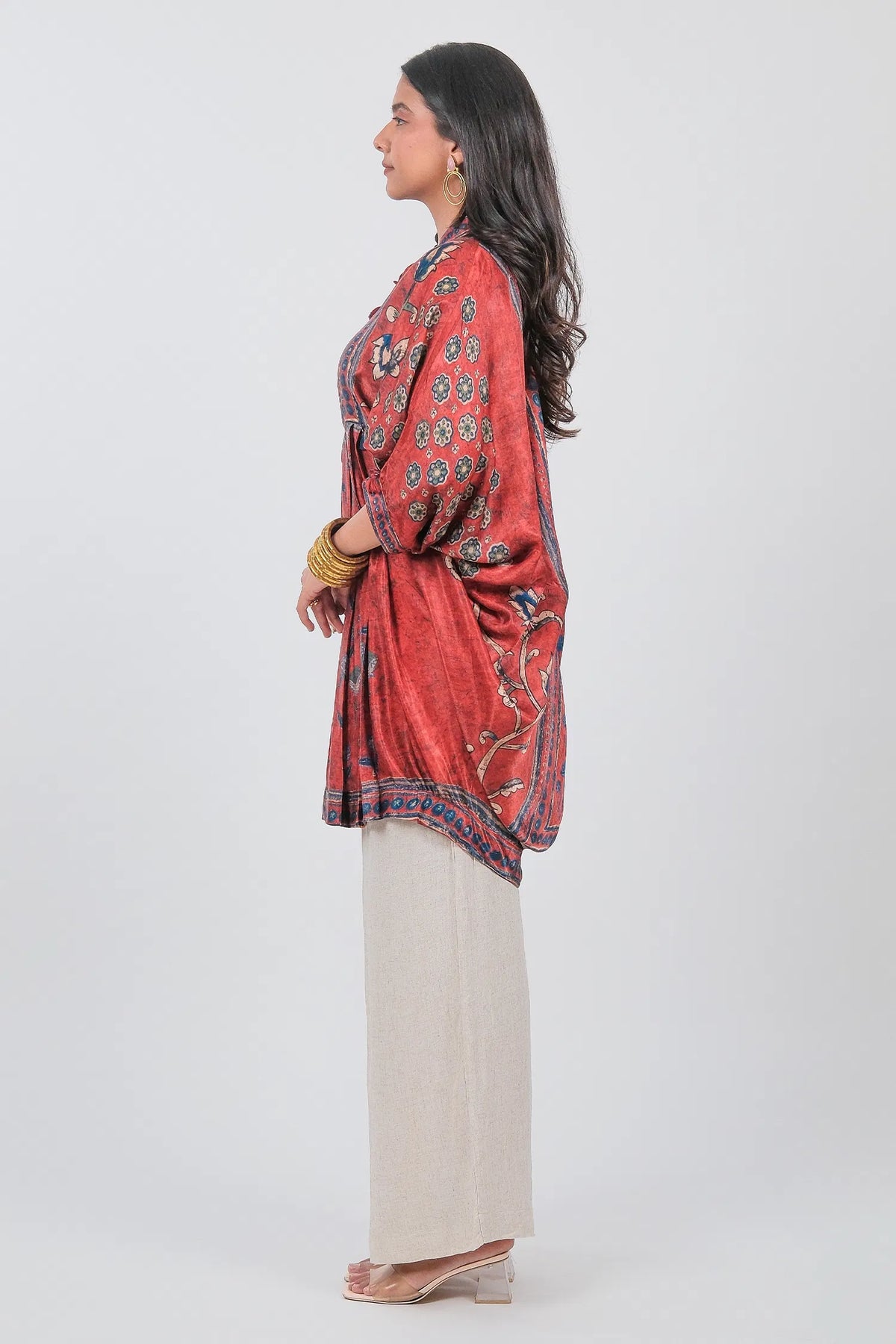 Red Crepe Silk Printed Kaftan Style Tunic - red silk saree