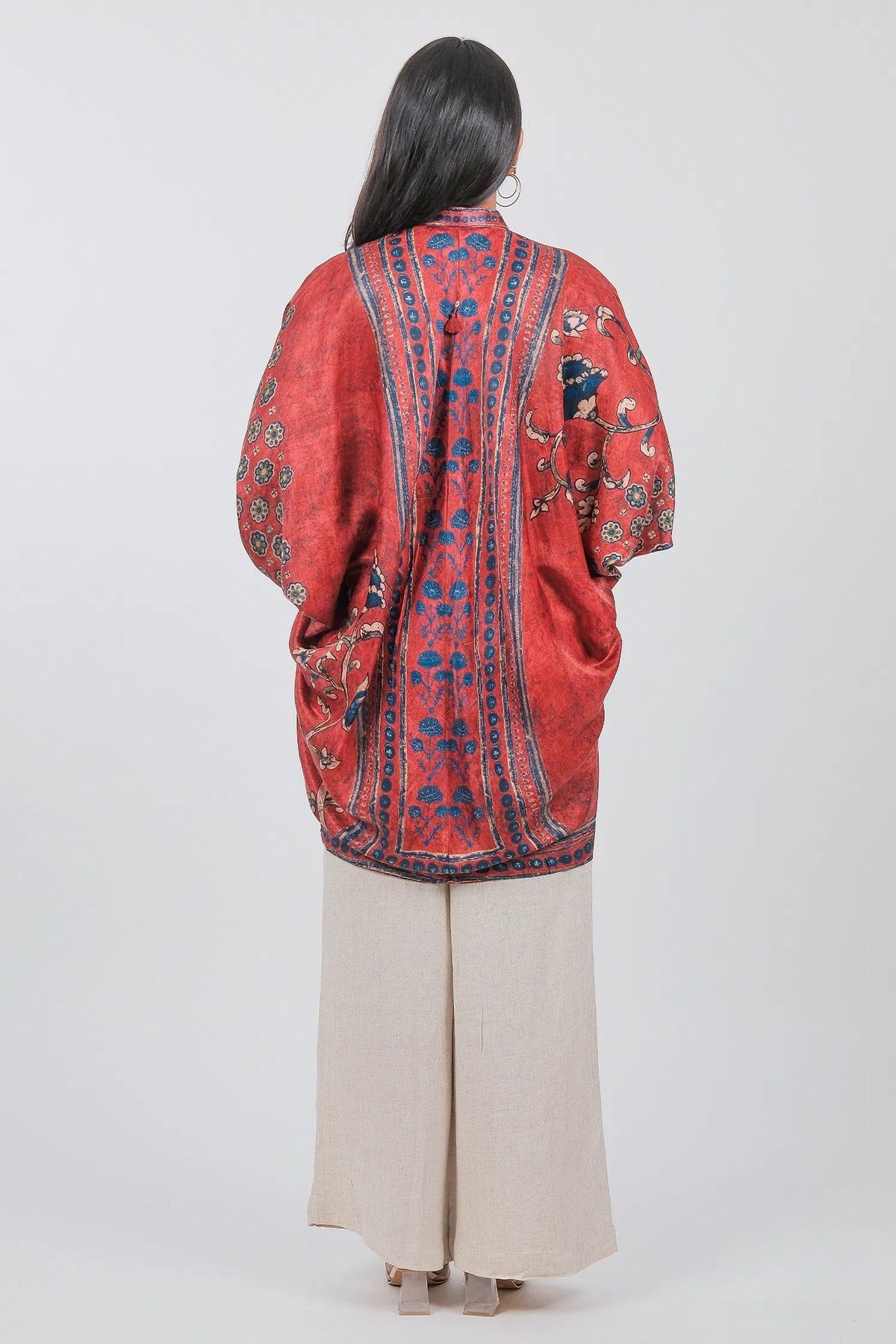 Red Crepe Silk Printed Kaftan Style Tunic - red silk saree