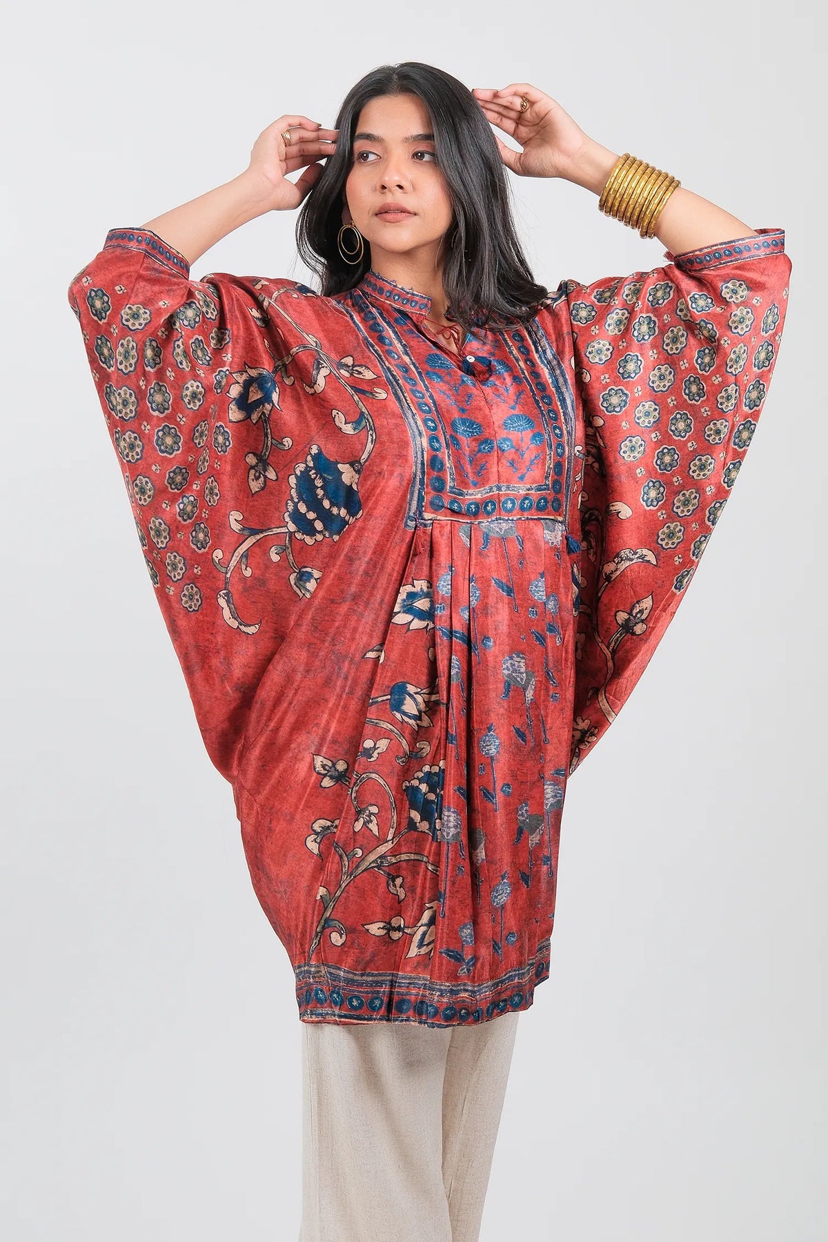 Red Crepe Silk Printed Kaftan Style Tunic - red silk saree