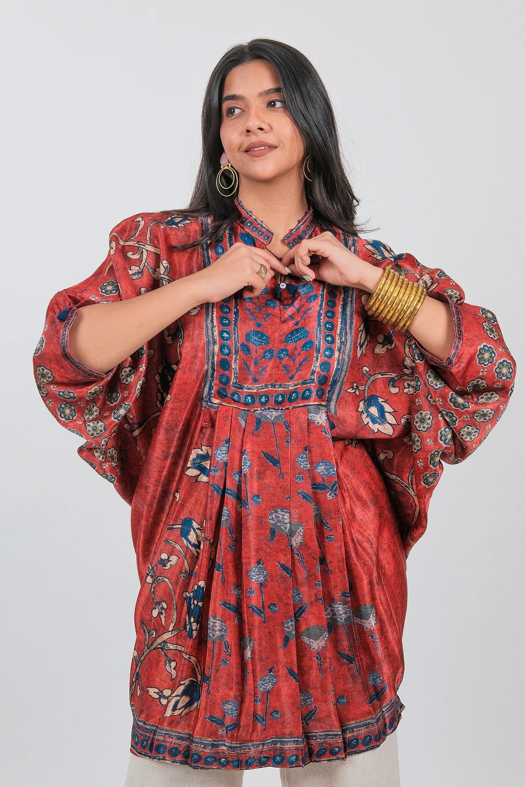 Red Crepe Silk Printed Kaftan Style Tunic - red silk saree