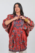 Red Crepe Silk Printed Kaftan Style Tunic - red silk saree