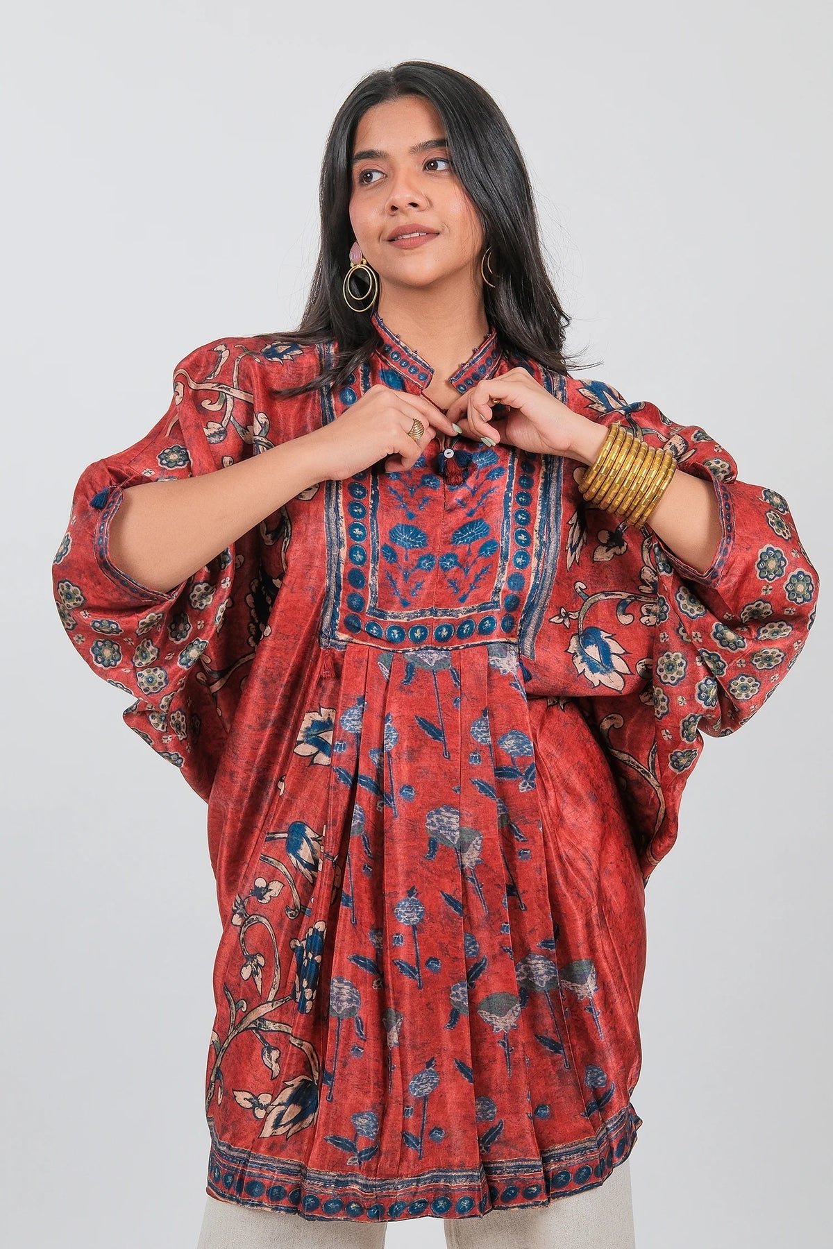 Red Crepe Silk Printed Kaftan Style Tunic - red silk saree