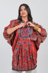 Red Crepe Silk Printed Kaftan Style Tunic - red silk saree