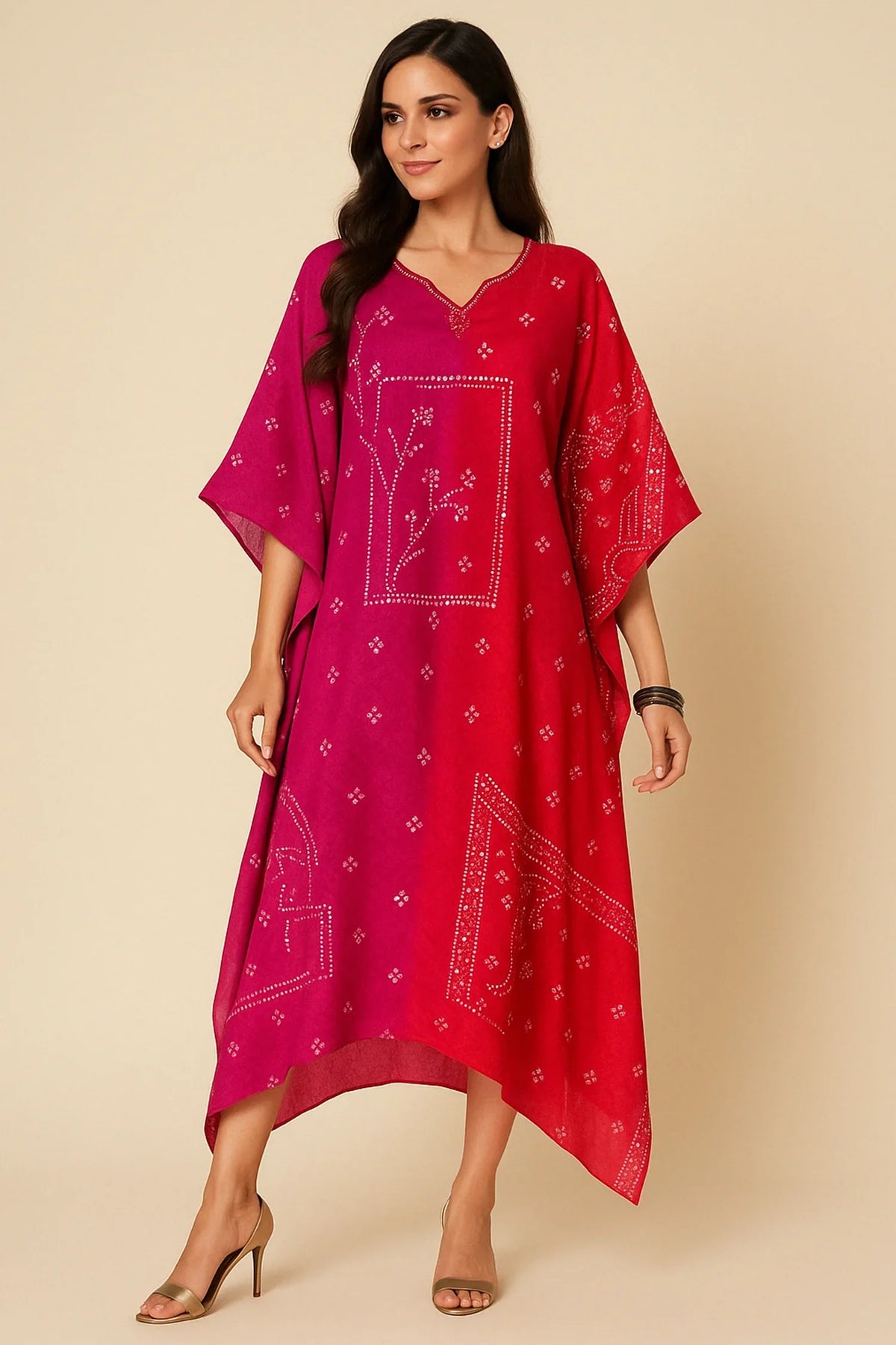 Pink Muslin Bandhej Printed Kaftan