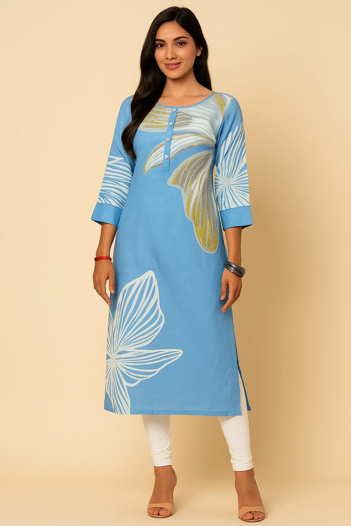 Blue Modal Silk Floral Printed Straight Cut Kurti