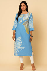 Blue Modal Silk Floral Printed Straight Cut Kurti