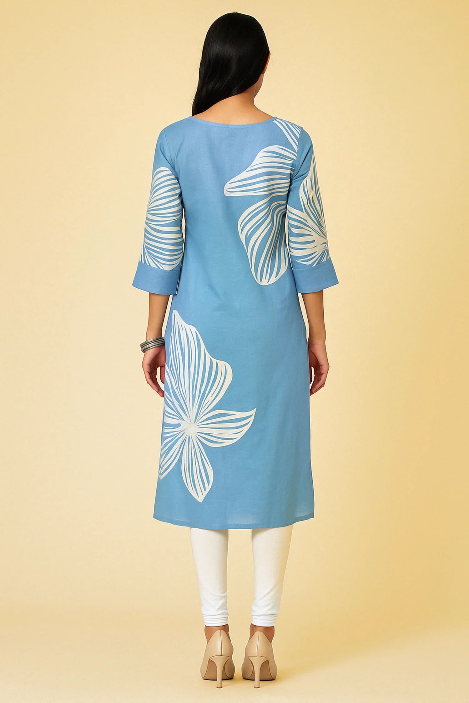 Blue Modal Silk Floral Printed Straight Cut Kurti