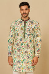 Light Green and White Shaded Cotton Elephant Motif Kurta Set