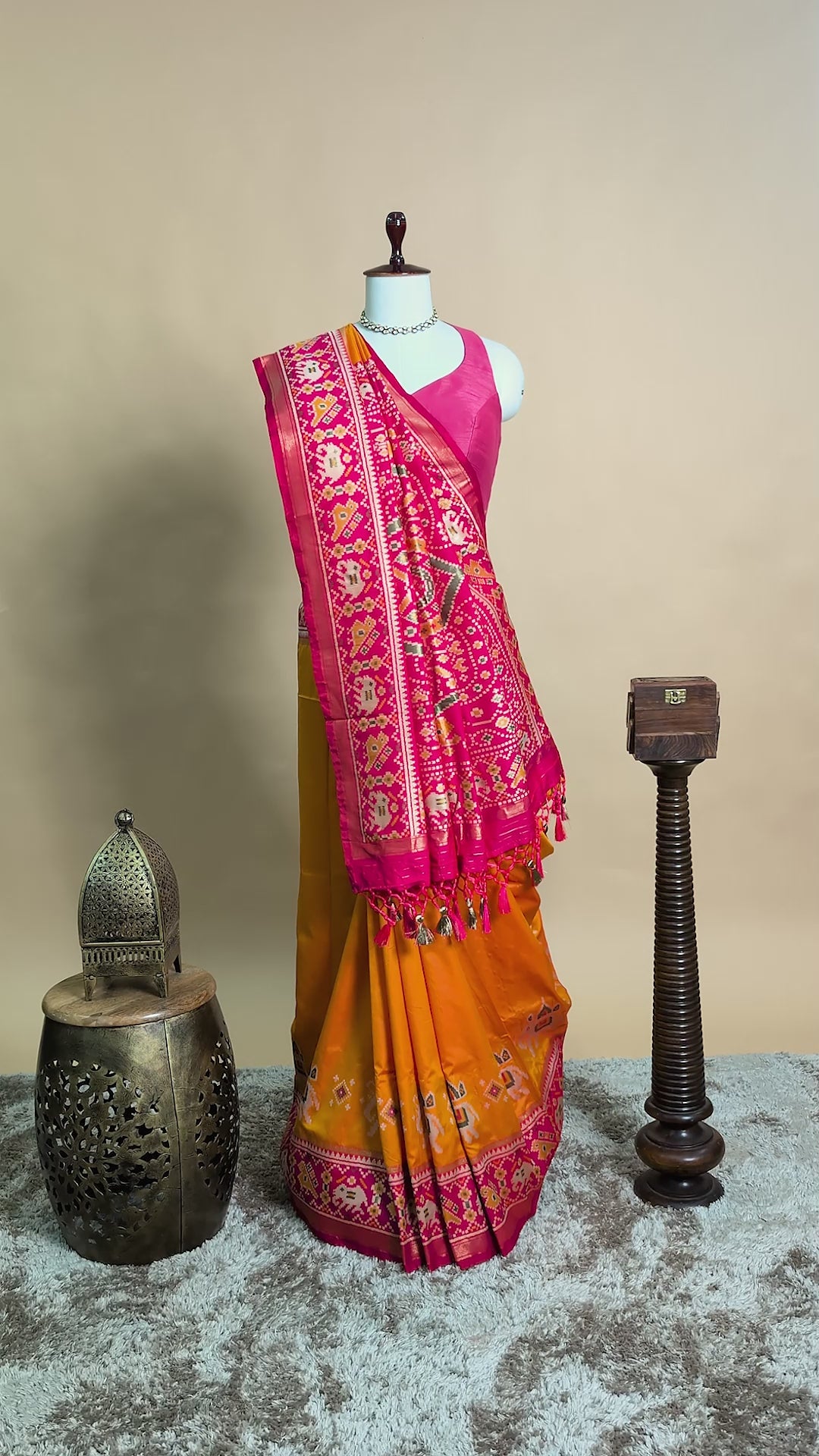 Orange Art Silk Saree with Patola Border and Contrast Pallu - orange silk saree patola