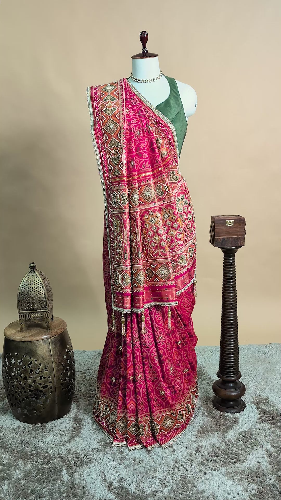 Pink Silk Traditional Woven Patola Saree with Cutdana and Beads Work - pink silk saree patola