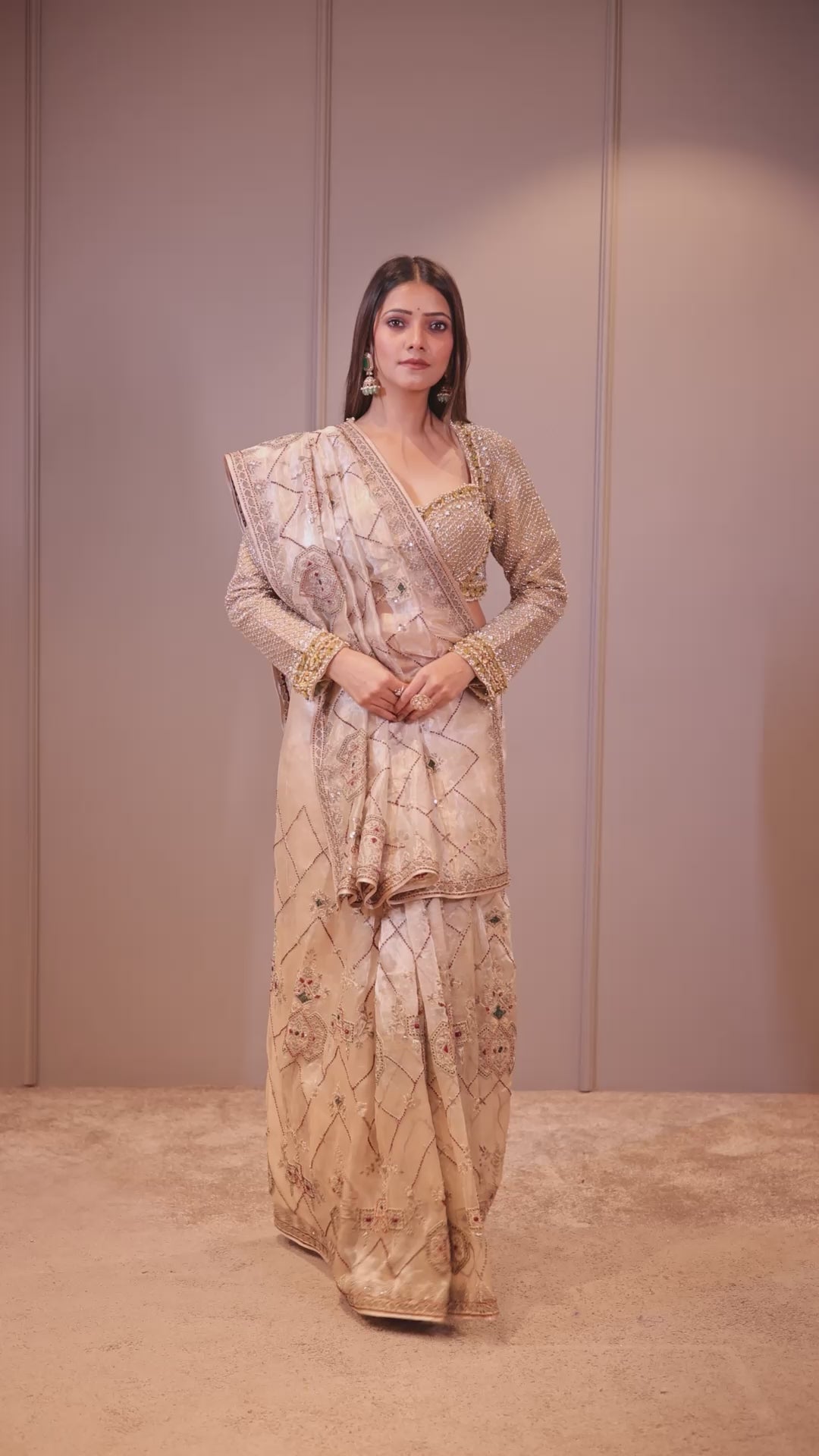 Light Beige Tissue Designer Handworked Saree - beige saree