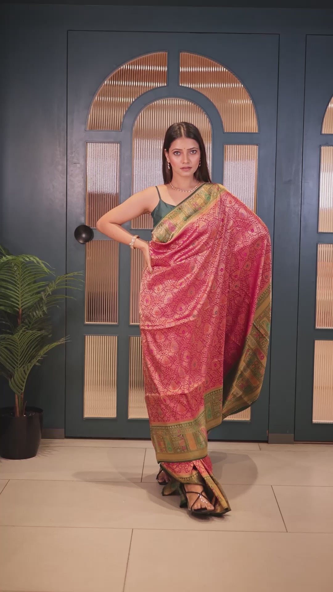 Rani Pink Dola Silk All Over Woven Saree with Contrast Border - pink silk saree