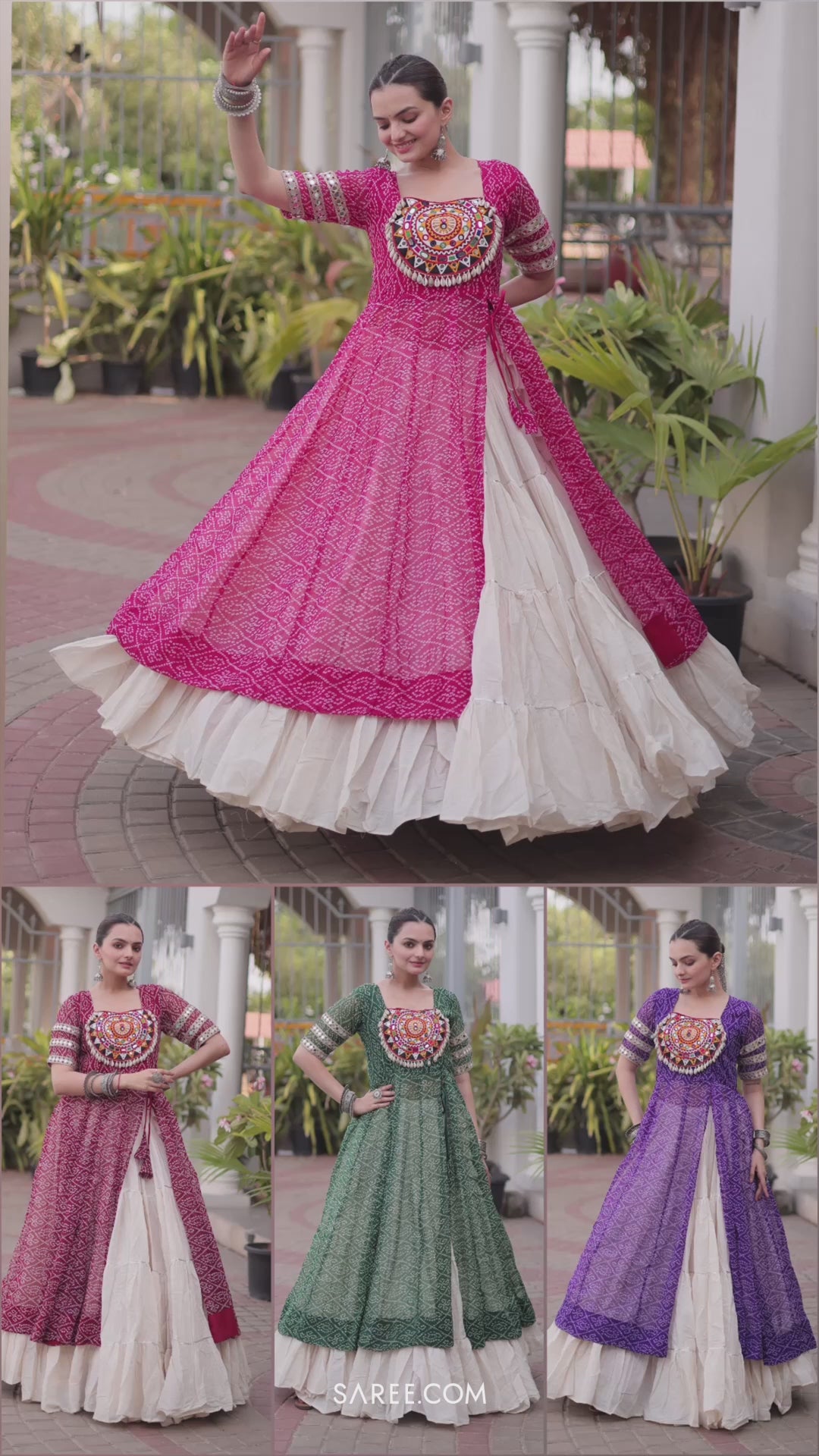 White Cotton Flared Chaniya with Kachchi Work Leheriya Top