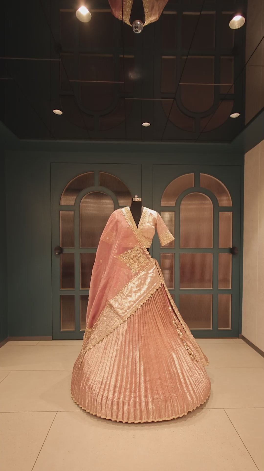 Pink Tissue Pleated Lehenga with Zardosi and Beads Work - pink saree