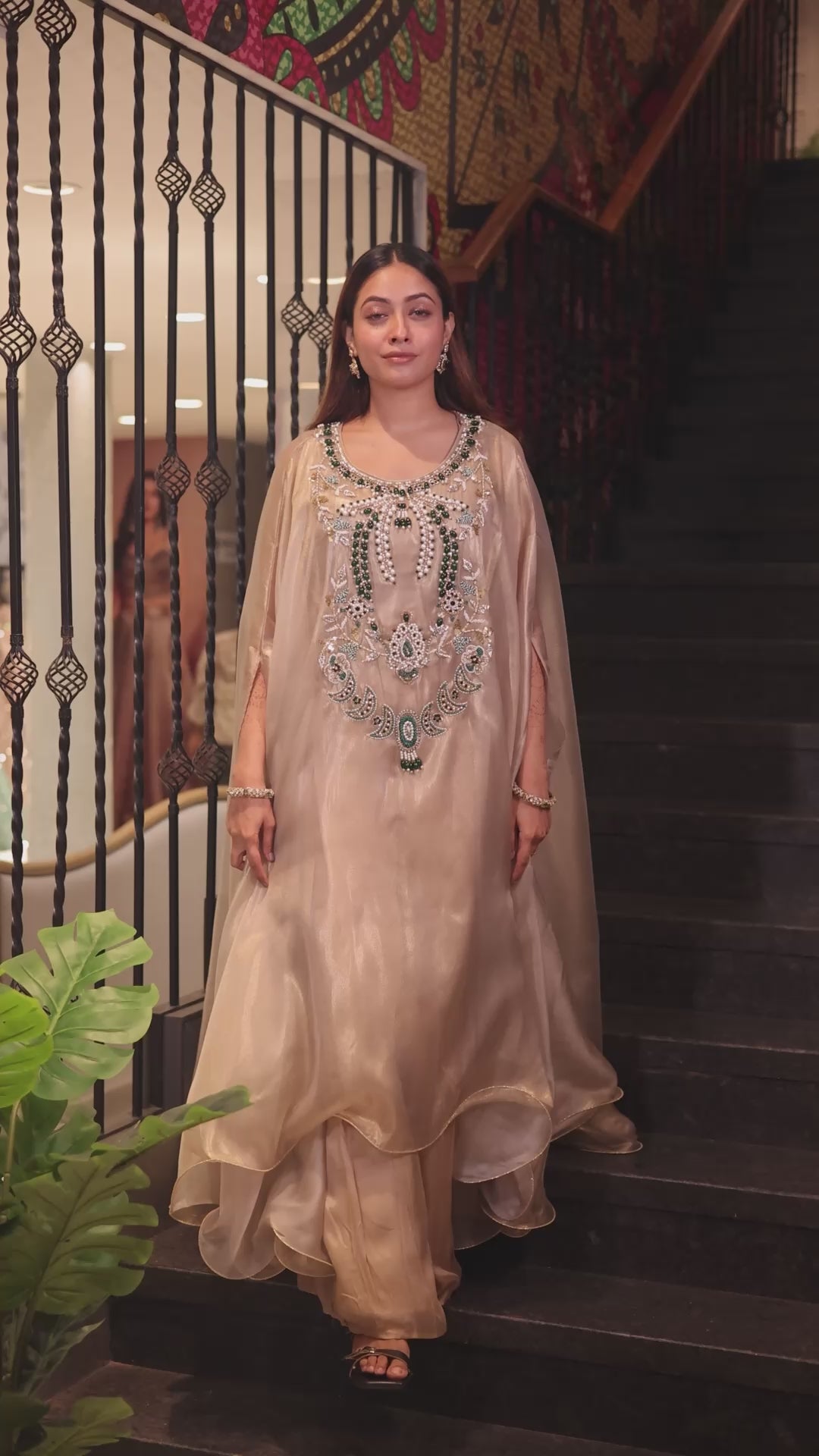 Light Beige Pearl Worked Tissue Cape Style Palazzo Set - beige saree