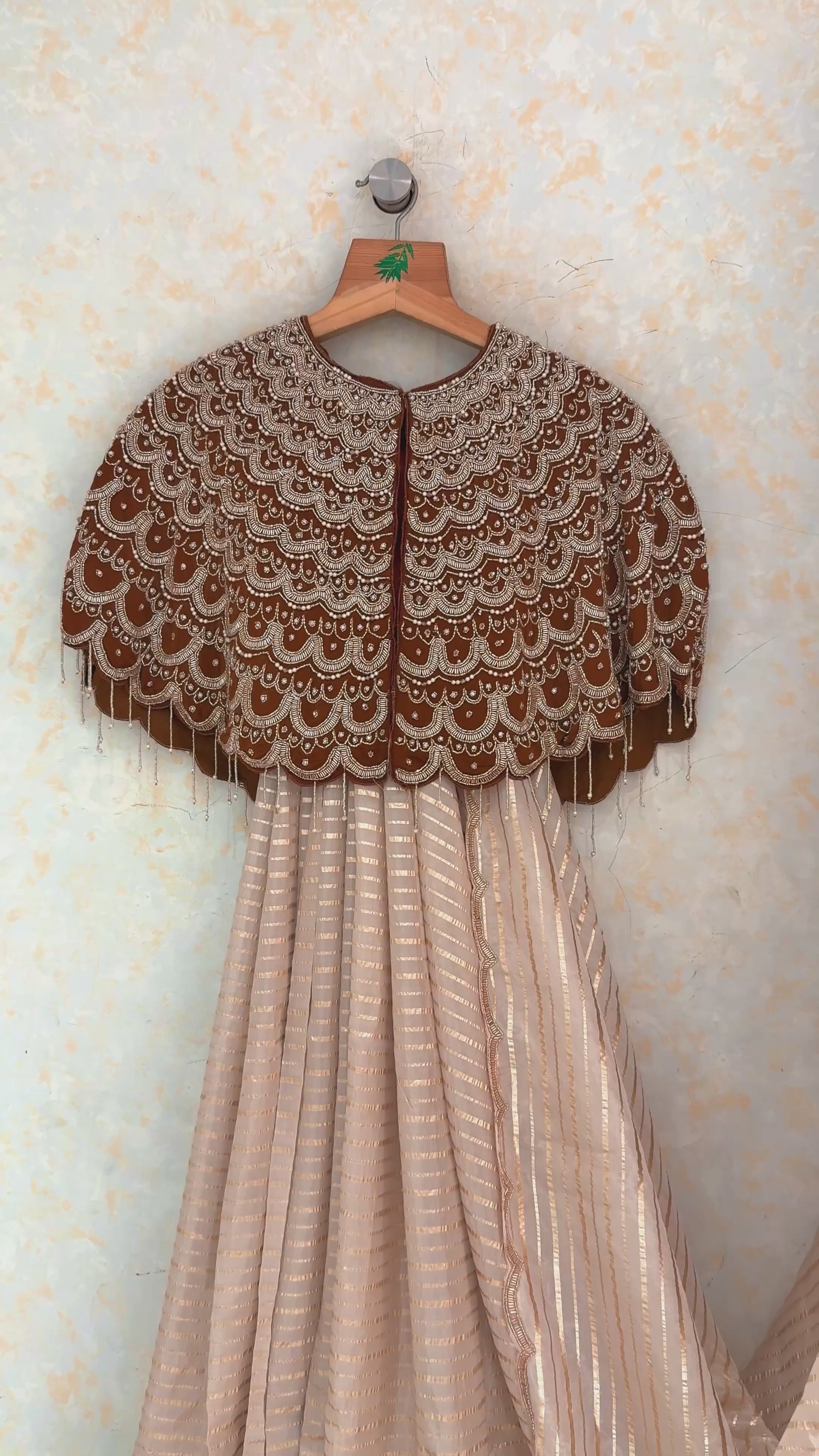 Cream Soft Organza Silk Weaving Stripe Saree with Poncho Blouse and Cutdana Work Scallop Border - cream silk saree