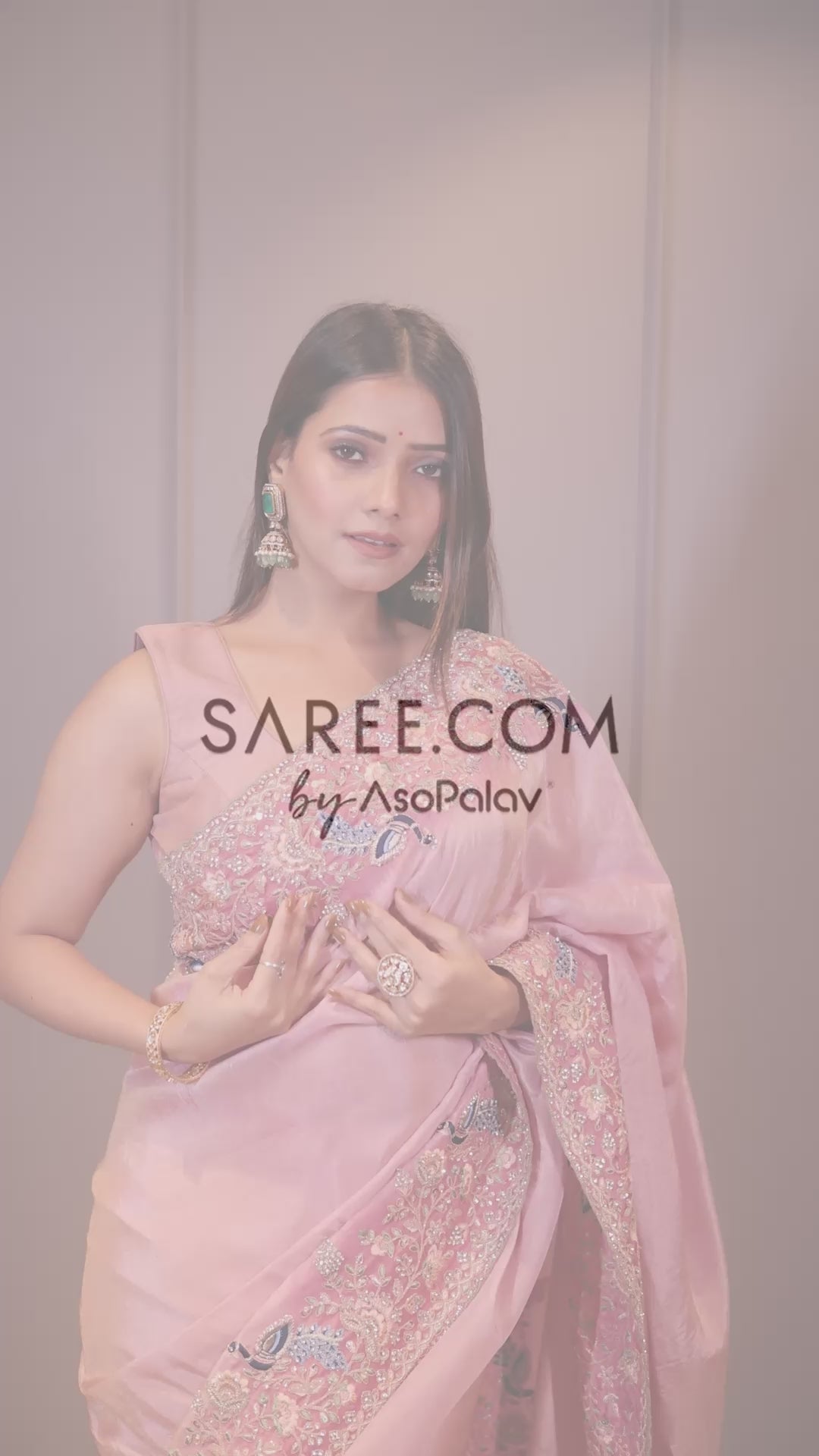 Pink Tissue Resham Embroidered and Diamond Worked Saree - red saree embroidered