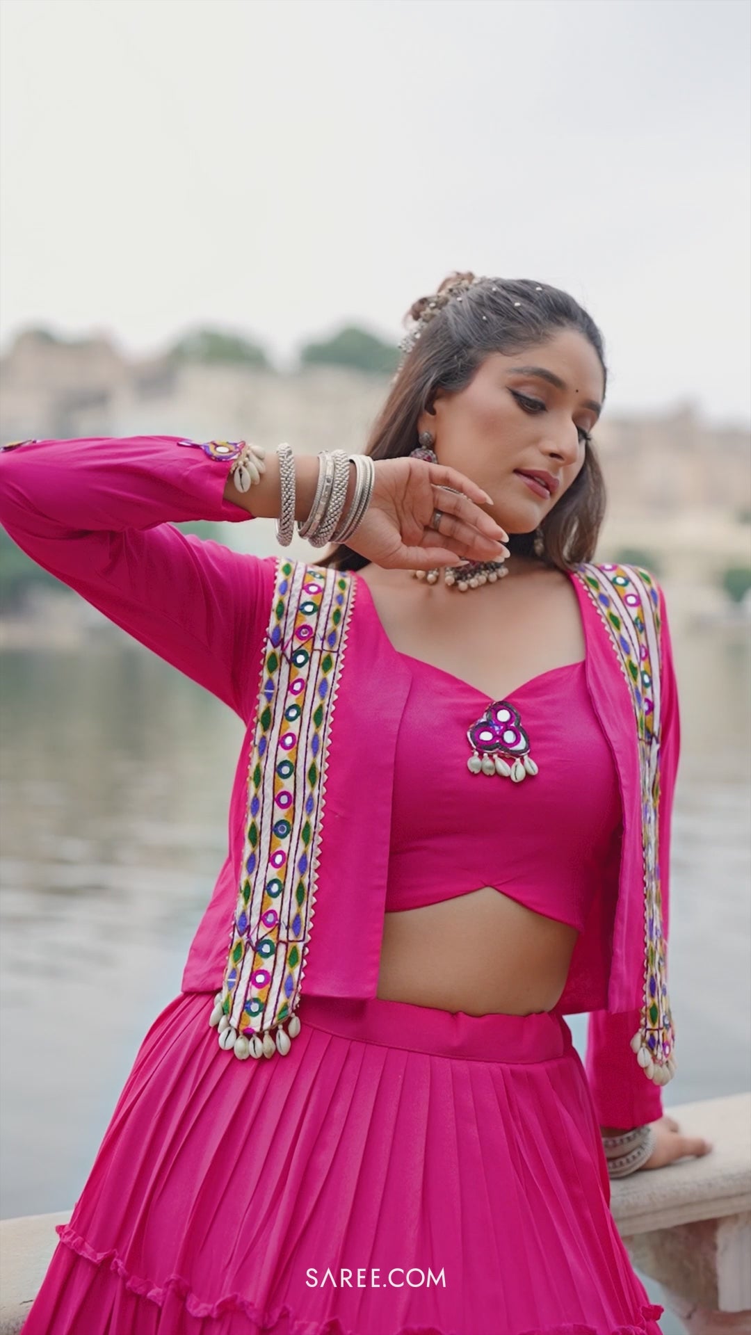 Pink Rayon Kachchi Worked Chaniya Choli with Jacket