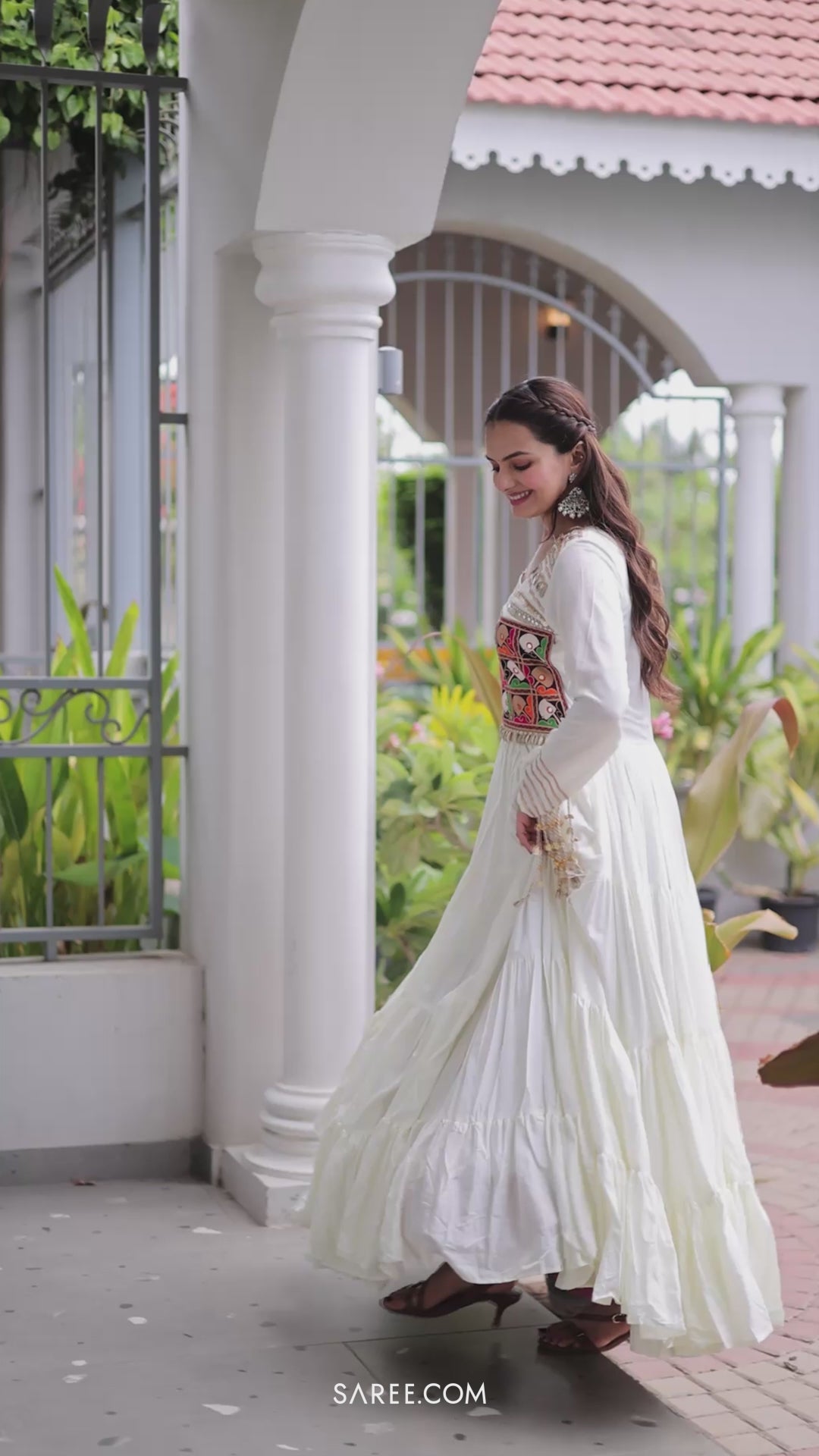 Pearl White Rayon Kachchi Mirror Worked Anarkali Kurti