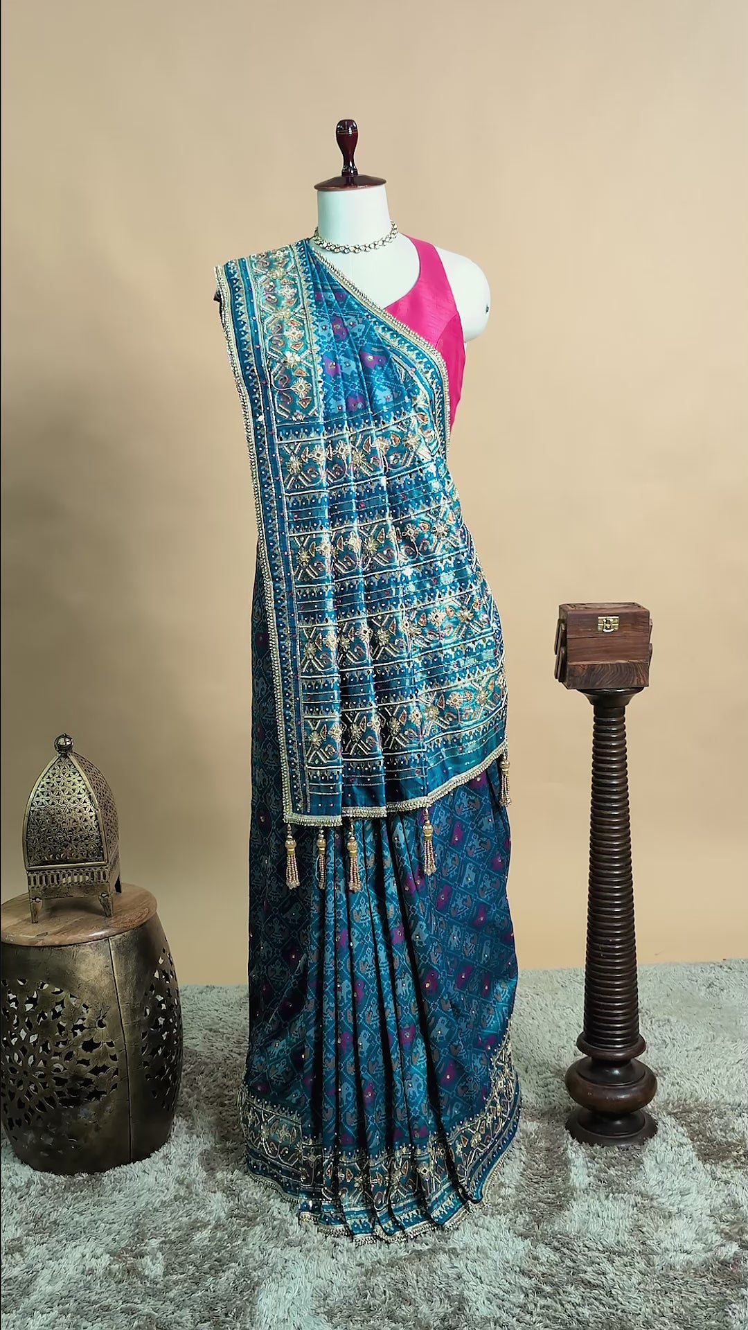 Sky Blue Silk Traditional Woven Patola Saree with Cutdana and Beads Work - blue silk saree patola