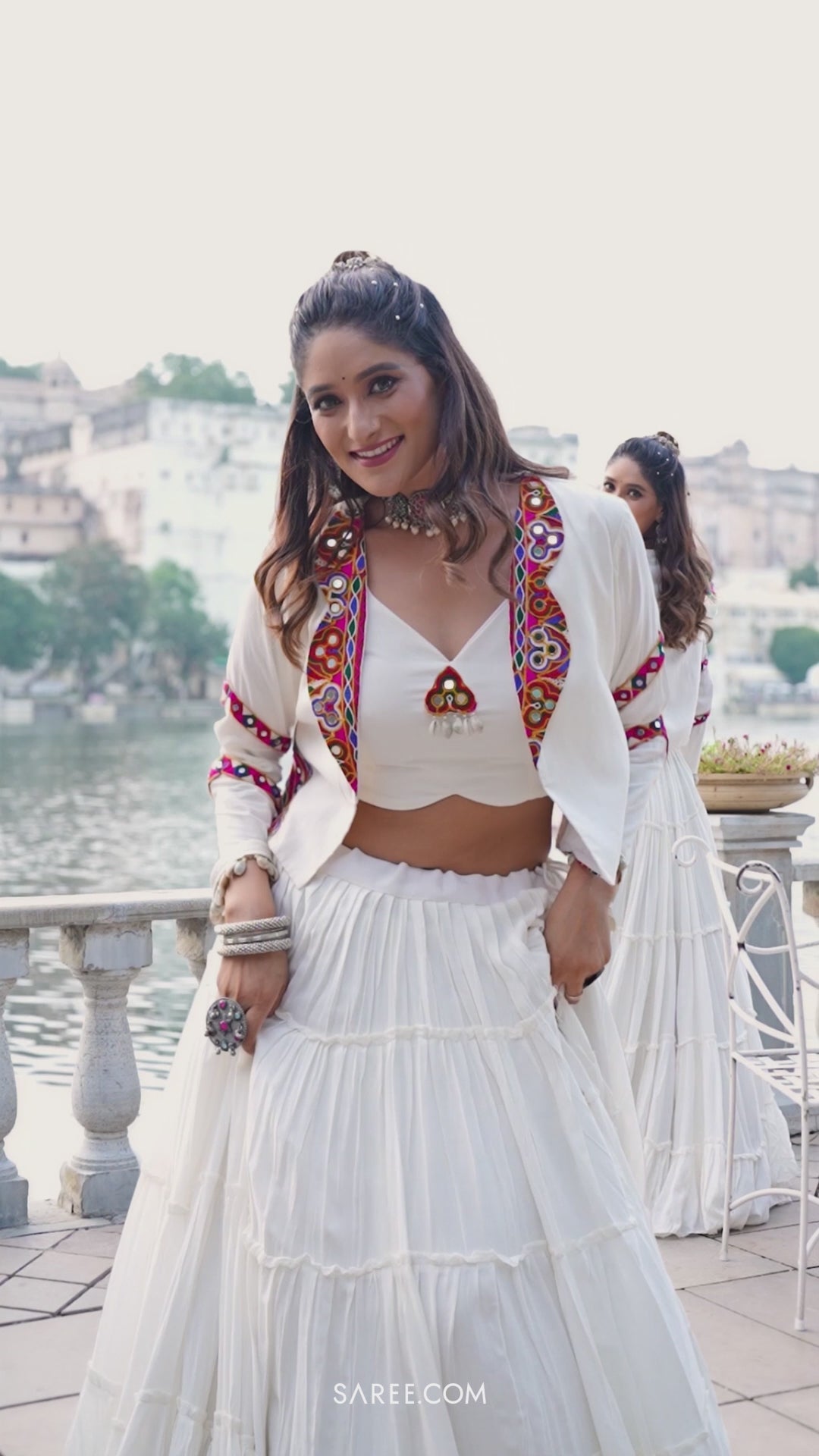 Off White Rayon Kachchi Worked Chaniya Choli with Jacket