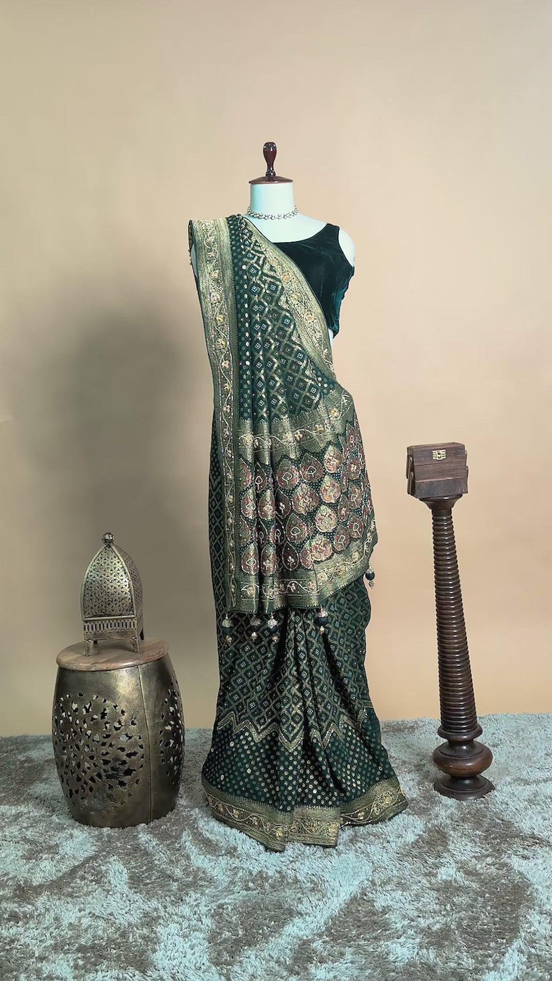 Green Georgette Traditional Bandhej Saree with Cutdana and Bead Work - green georgette saree bandhej