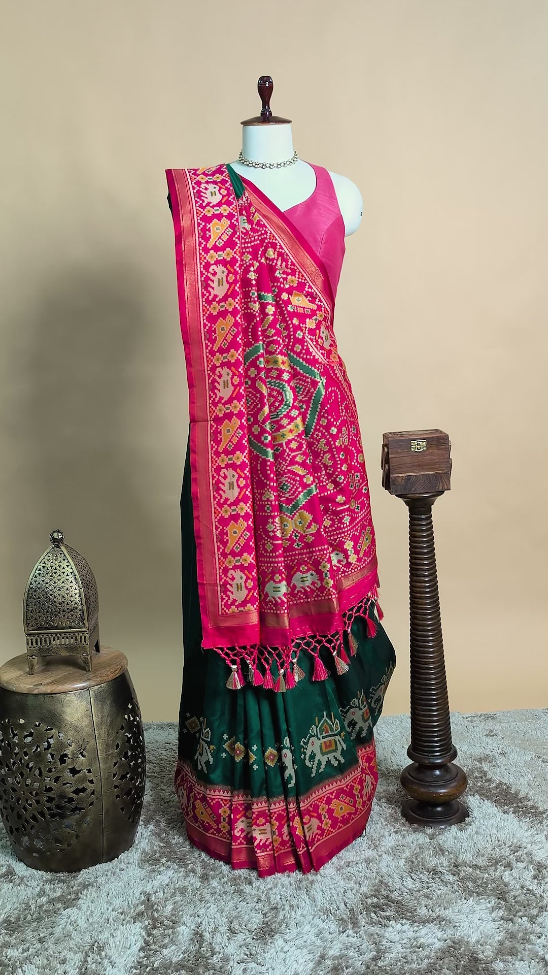 Green Art Silk Saree with Patola Border and Contrast Pallu - green silk saree patola