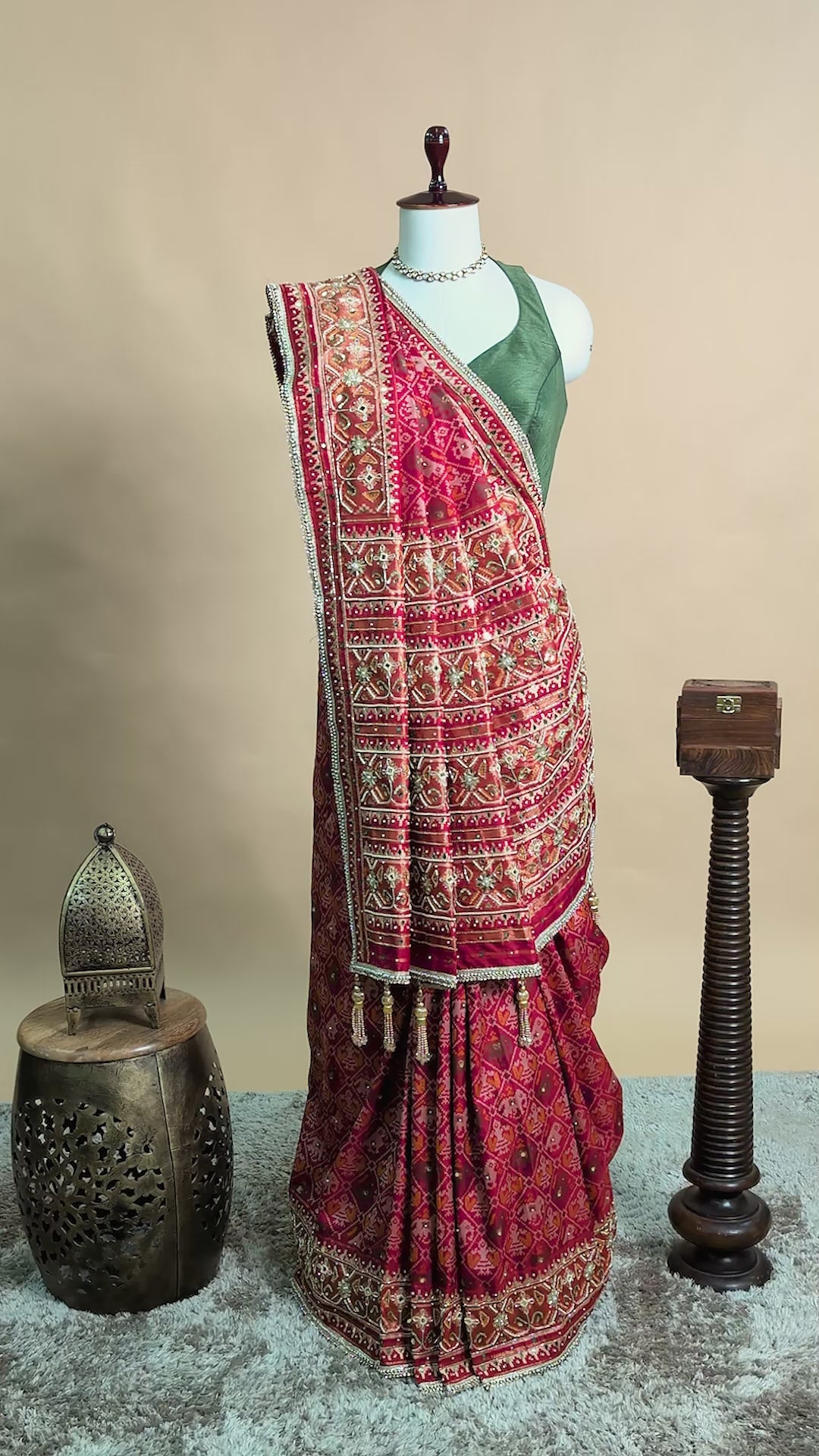 Red Silk Traditional Woven Patola Saree with Cutdana and Beads Work - red silk saree patola