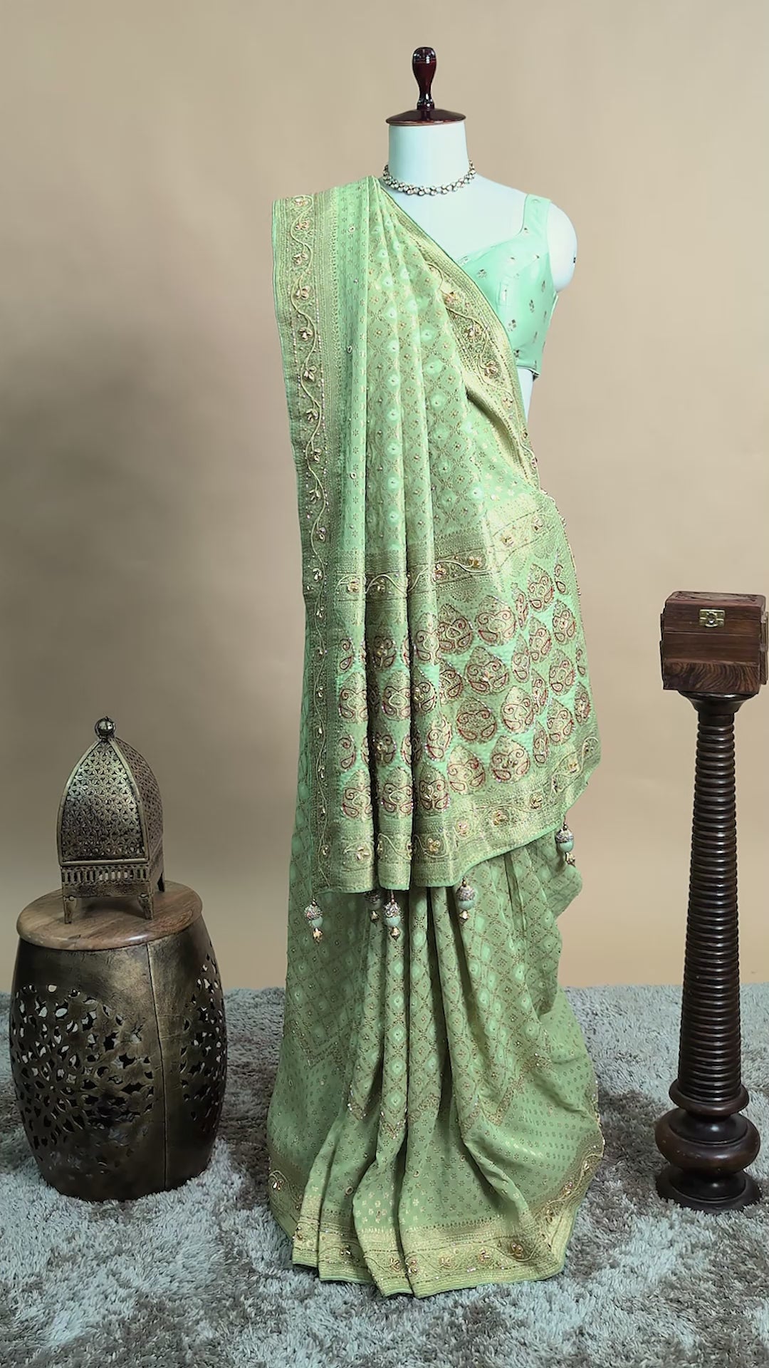 Pista Green Georgette Traditional Bandhej Saree with Cutdana and Bead Work - green georgette saree bandhej