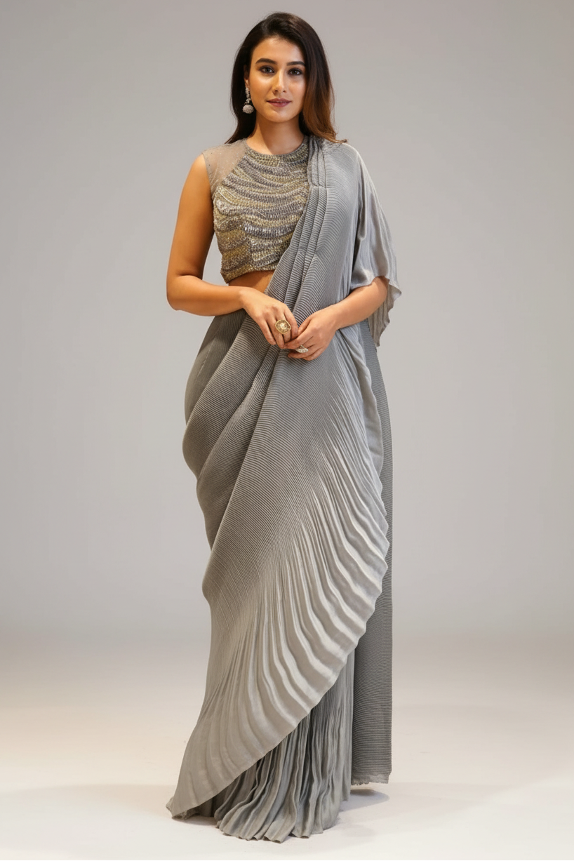 Grey Silk Heat Pleated Pre Stitched Fancy Saree