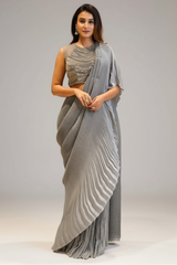 Grey Silk Heat Pleated Pre Stitched Fancy Saree