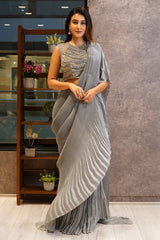 Grey Silk Heat Pleated Pre Stitched Fancy Saree