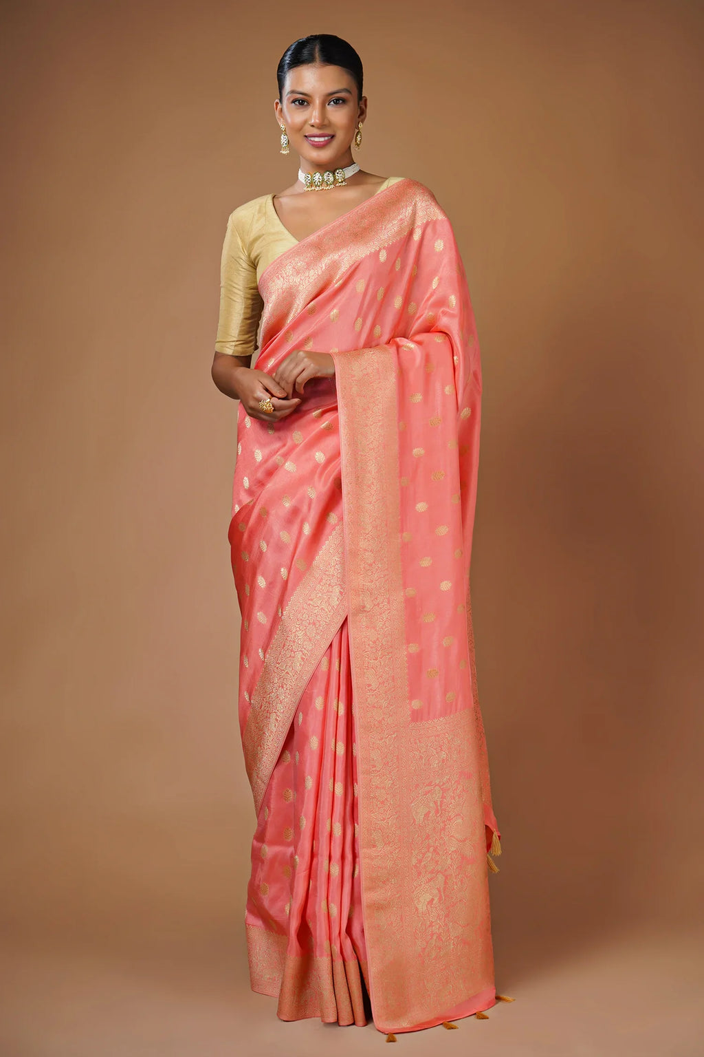 Flamingo Pink Woven Butti Saree in Muga Silk with Elephant and Peacock Motifs - pink silk saree